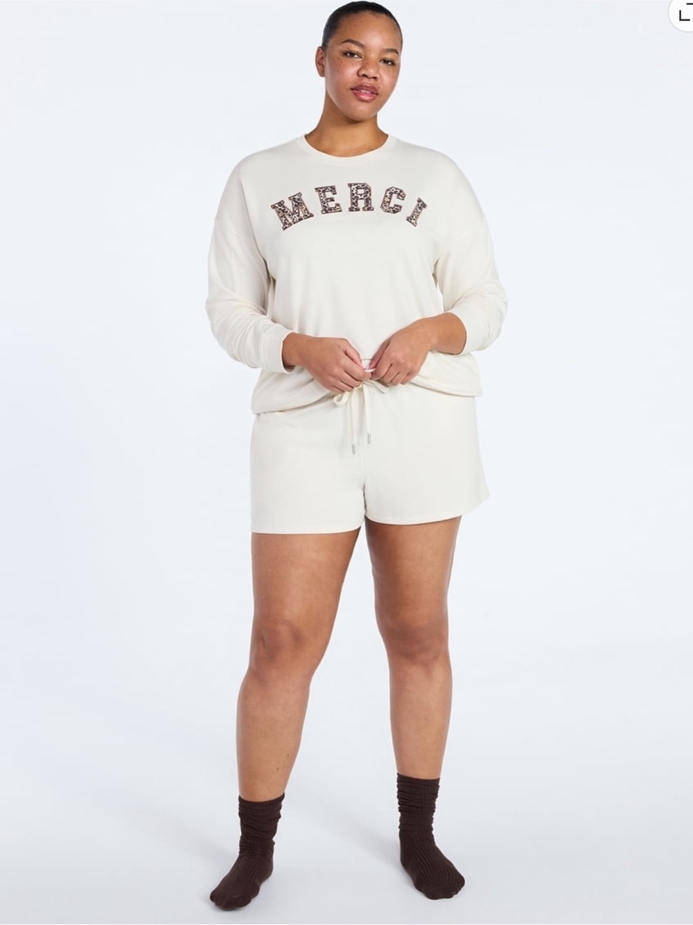 Joyspun French Terry Long Sleeve Sleep Top and Shorts Lounge Set 2-Piece. L, XL - Picture 3 of 5